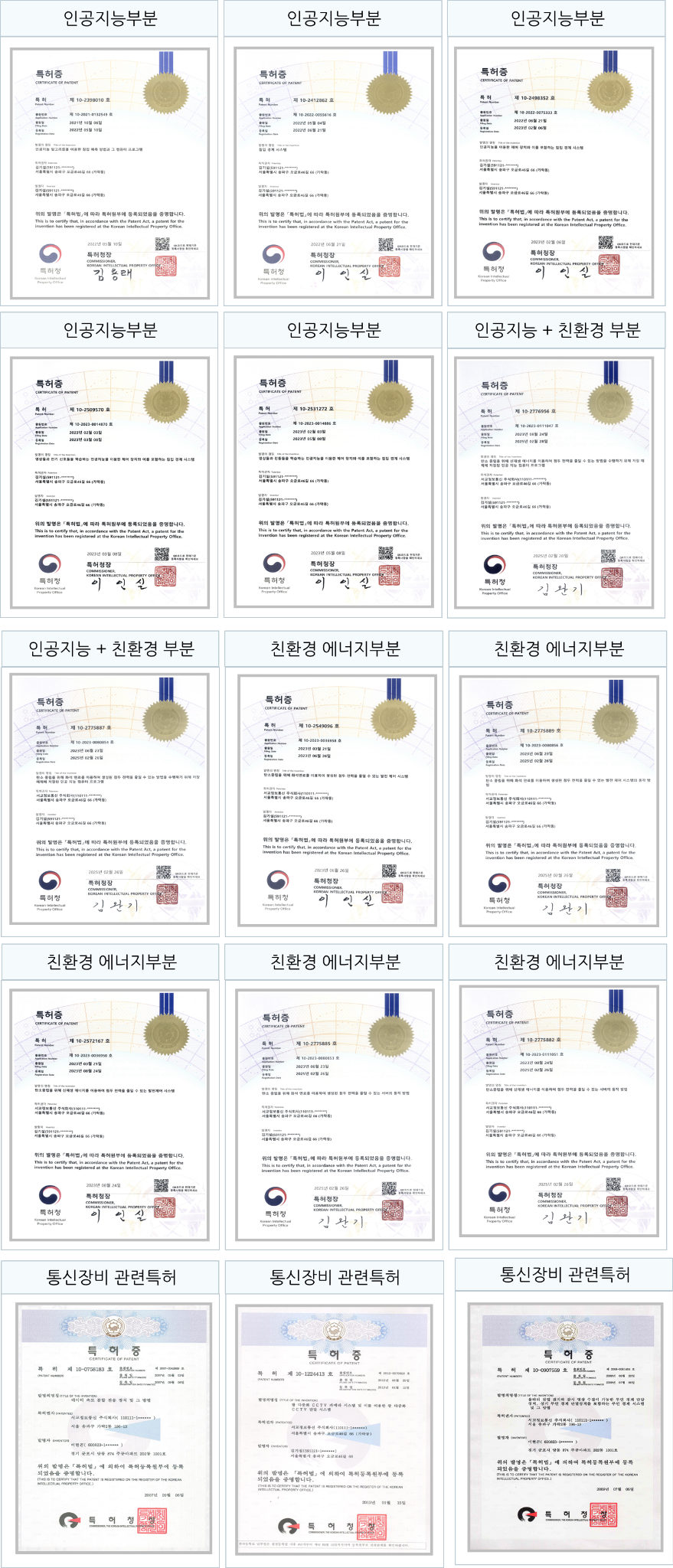첨부 특허증 15점이 분야별로 배열된 원본 이미지